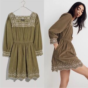 Madewell Distant Surplus Olive Corduroy Square-Neck Eyelet Lace Mini Dress
